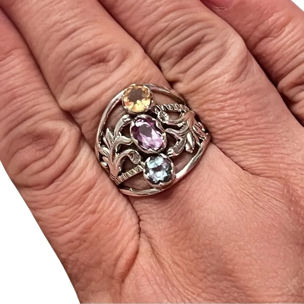 Stunning 925 Sterling Silver Citrine Amethyst Blue Topaz Cocktail Ring Size 8